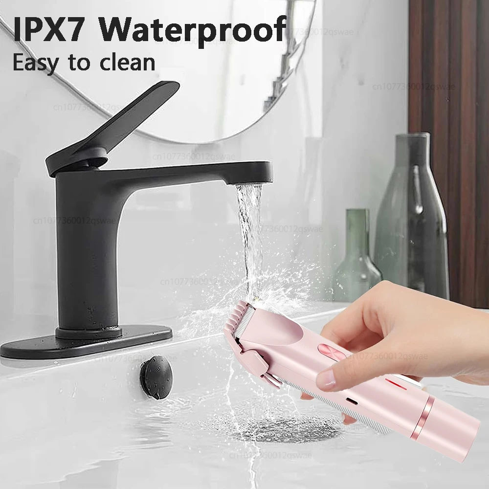 Black faucet with water flowing, pink cleaning tool held by a hand, and text 'IPX7 Waterproof Easy to clean' in a bathroom setting.