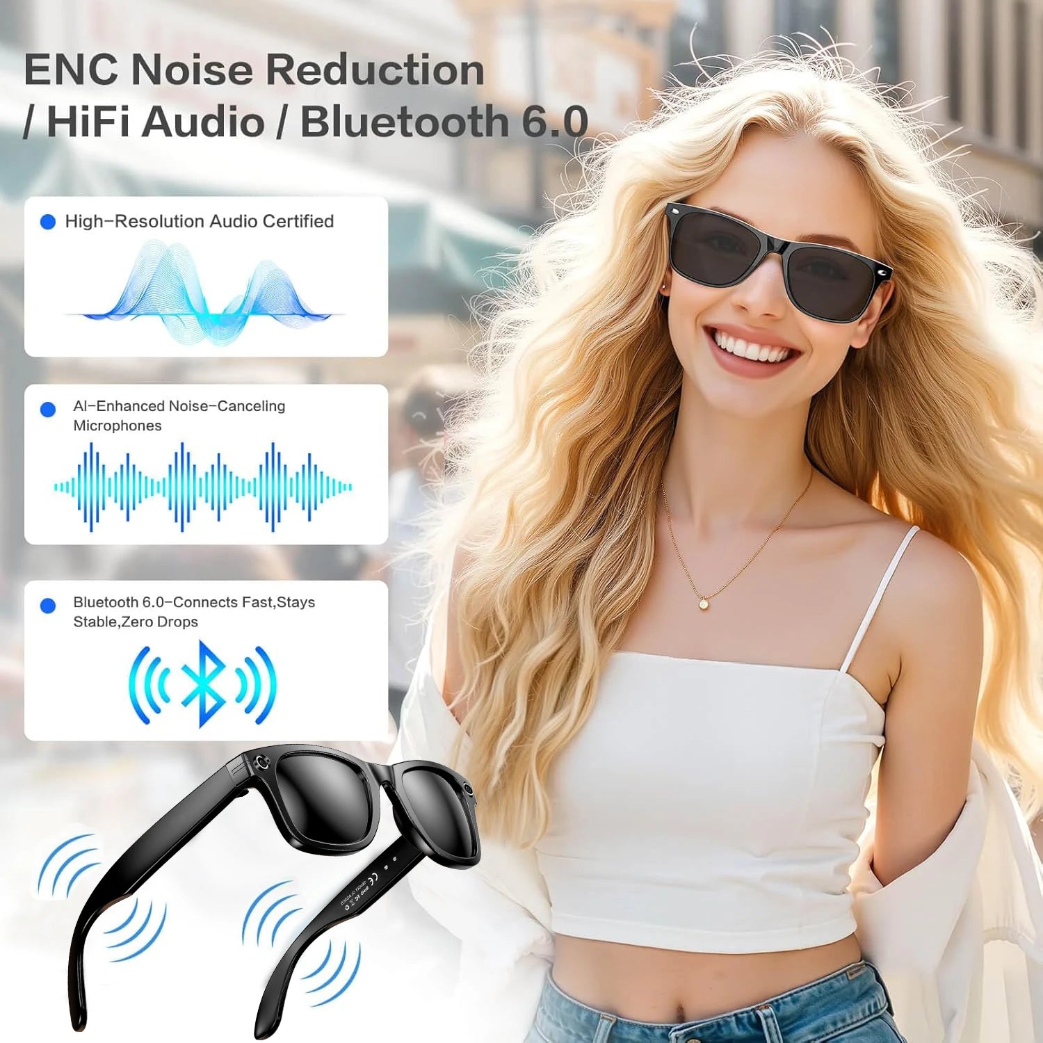 Woman wearing sunglasses with Bluetooth 6.0 features displayed on screen