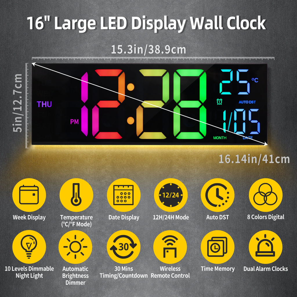 16-inch large LED display wall clock with various features on a dark background