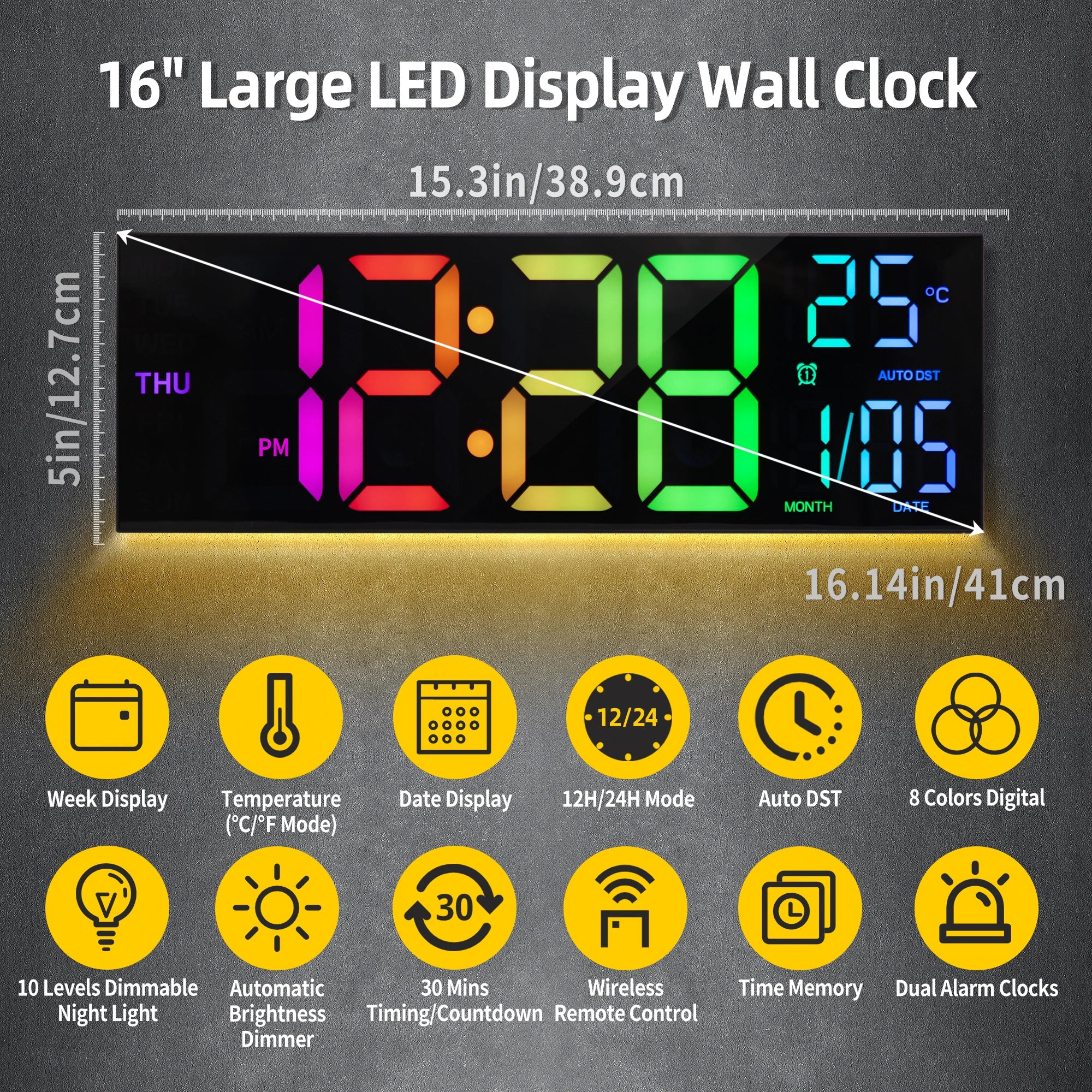 16-inch large LED display wall clock with various features on a dark background