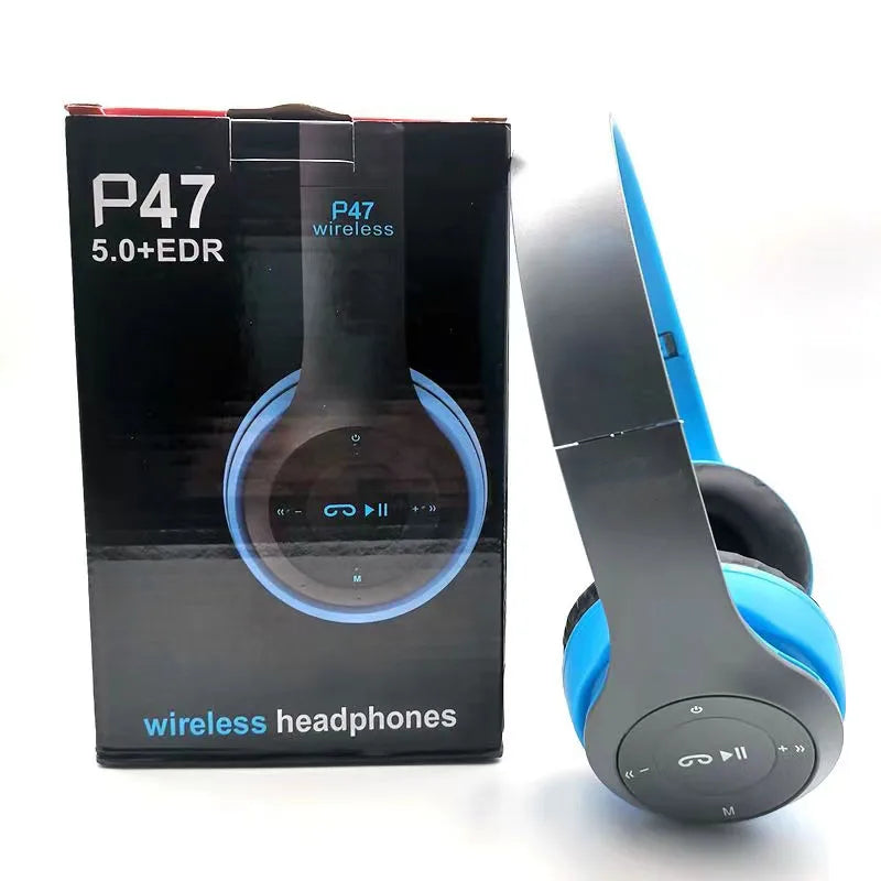 Blue and black wireless headphones with P47 branding on packaging