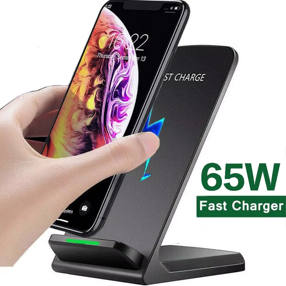 Hand holding a smartphone above a wireless charger with '65W Fast Charger' text.