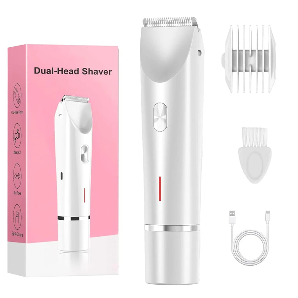 White dual-head shaver with packaging, attachments, and charging cable on a white background