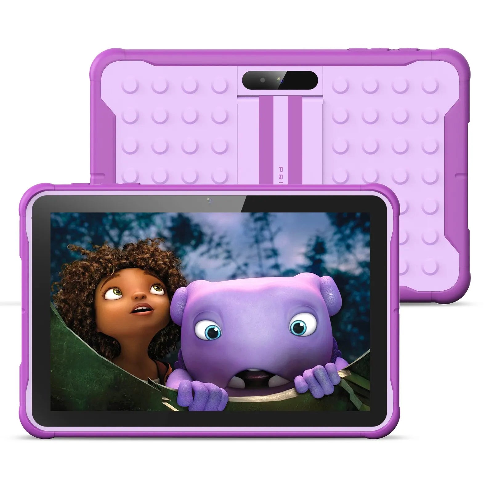 “Kids Android tablet with purple shockproof case and cartoon display”