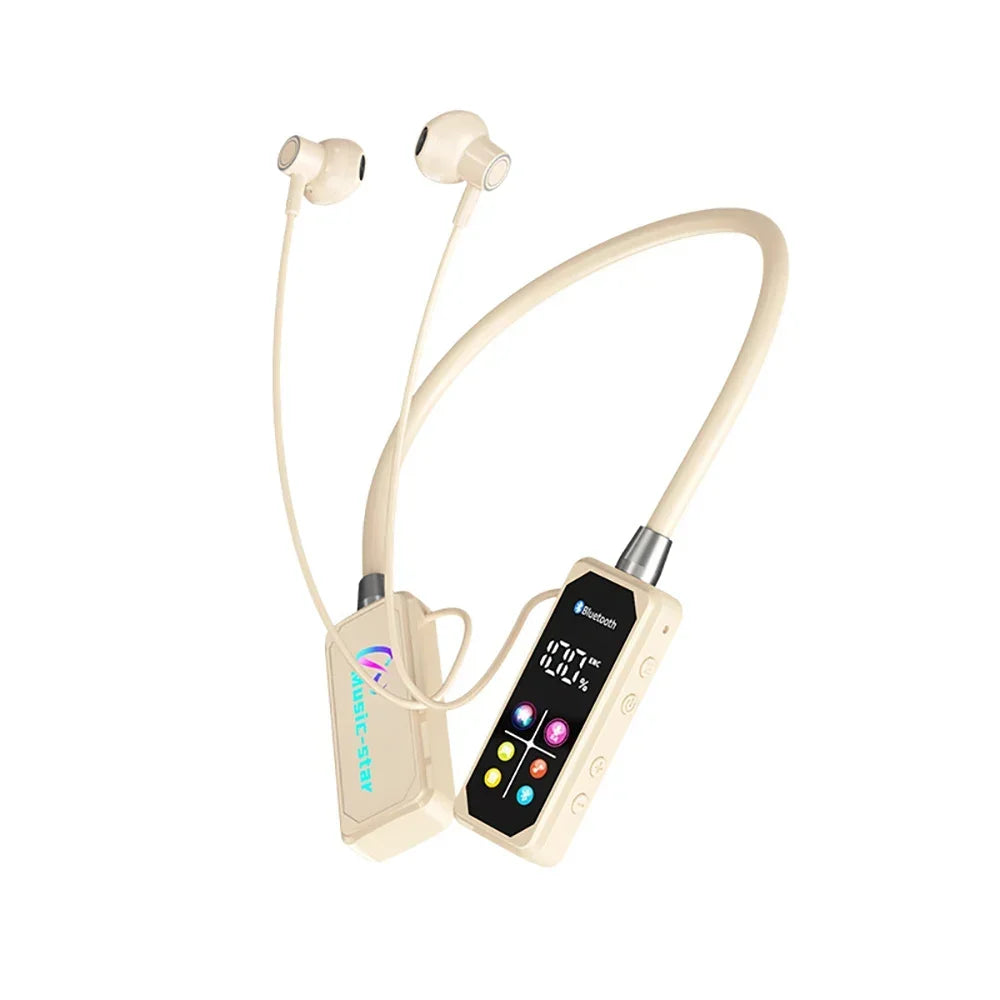 Beige Bluetooth headset with digital display on a white background