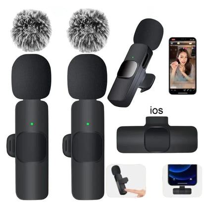 “Wireless black lavalier microphones with wind muffs, iPhone adapter, and a smartphone preview screen on a white background.”