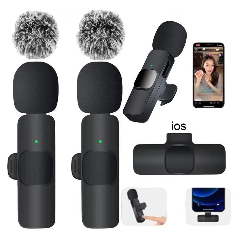 “Wireless black lavalier microphones with wind muffs, iPhone adapter, and a smartphone preview screen on a white background.”