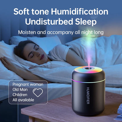 Woman sleeping in bed with a humidifier on a nightstand, emphasizing soft tone humidification for undisturbed sleep.