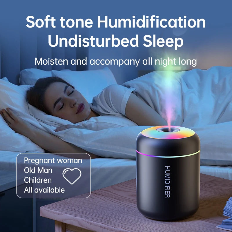 Woman sleeping in bed with a humidifier on a nightstand, emphasizing soft tone humidification for undisturbed sleep.