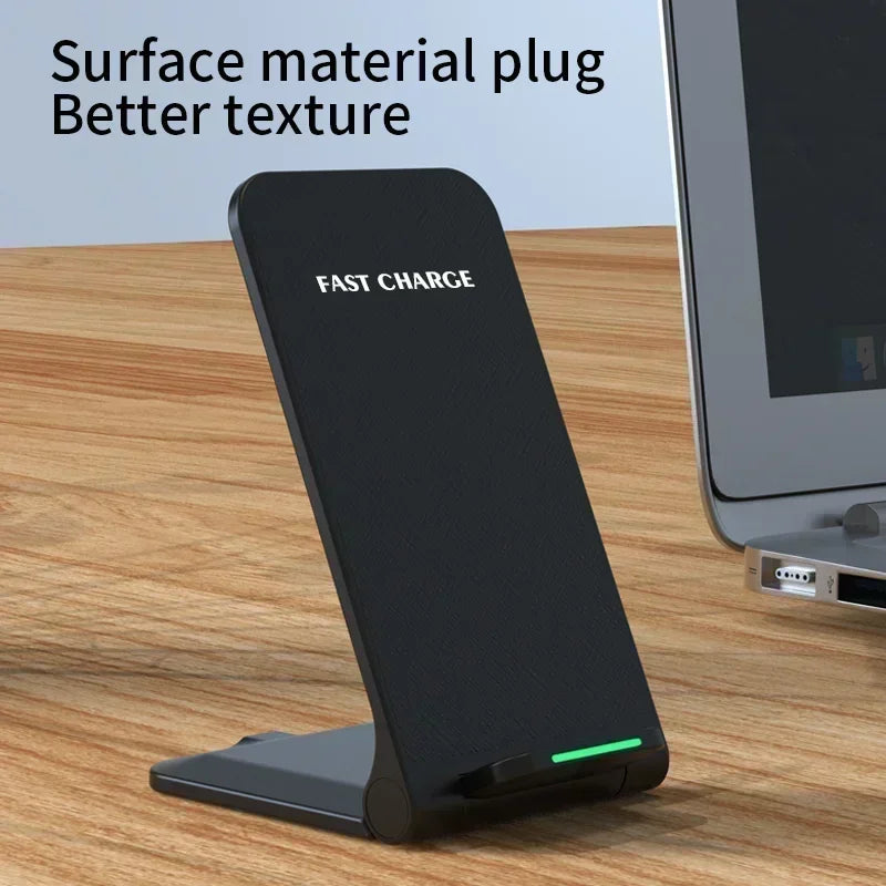 Black wireless charging stand on a wooden surface with text about material and texture.