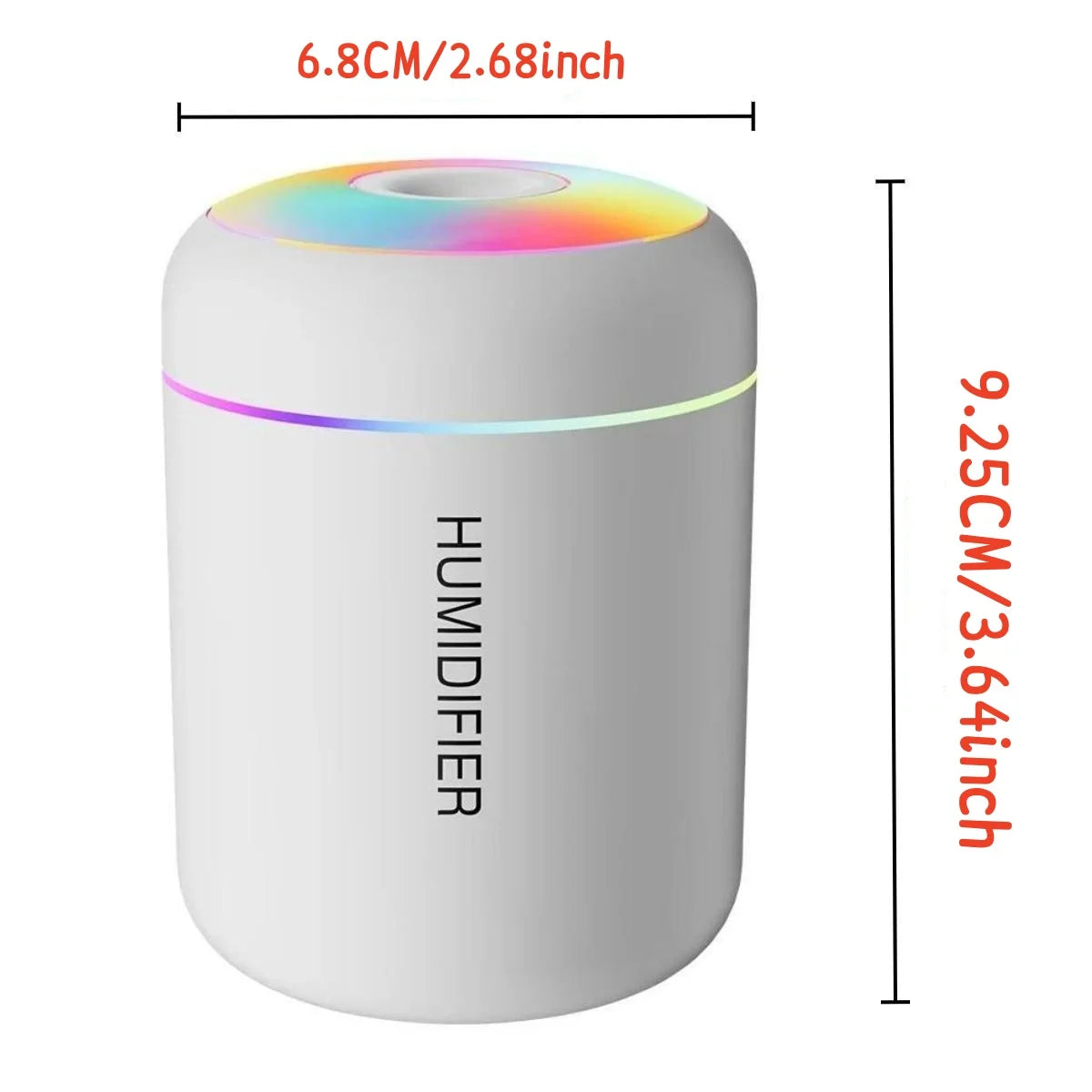 Humidifier with colorful LED lights and dimensions labeled on a white background