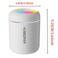 Humidifier with colorful LED lights and dimensions labeled on a white background