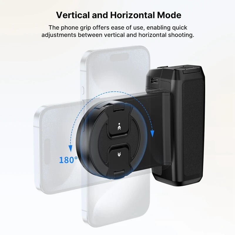 Phone grip with adjustable mode for vertical and horizontal use on a white background