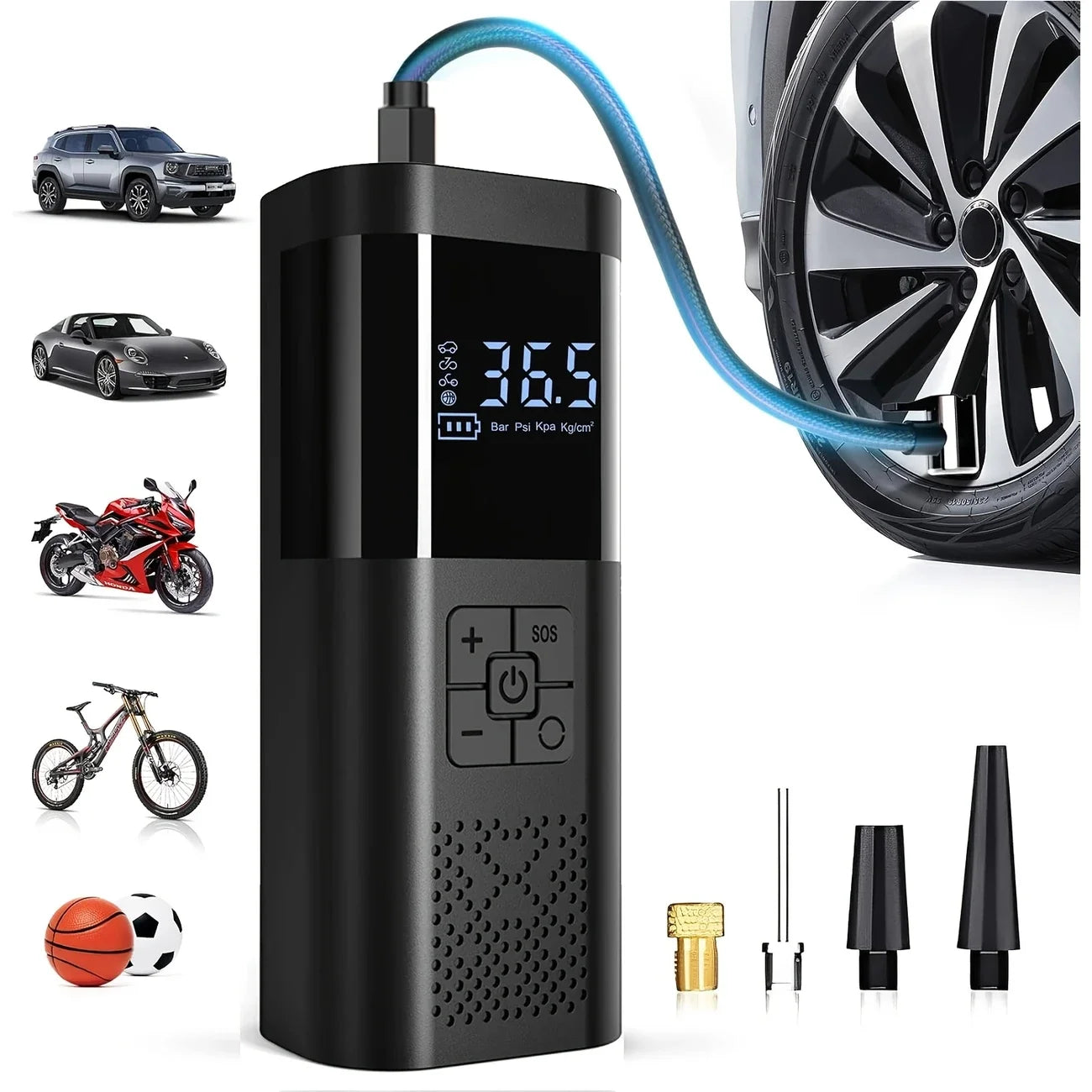 Black digital air compressor with various attachments on a white background