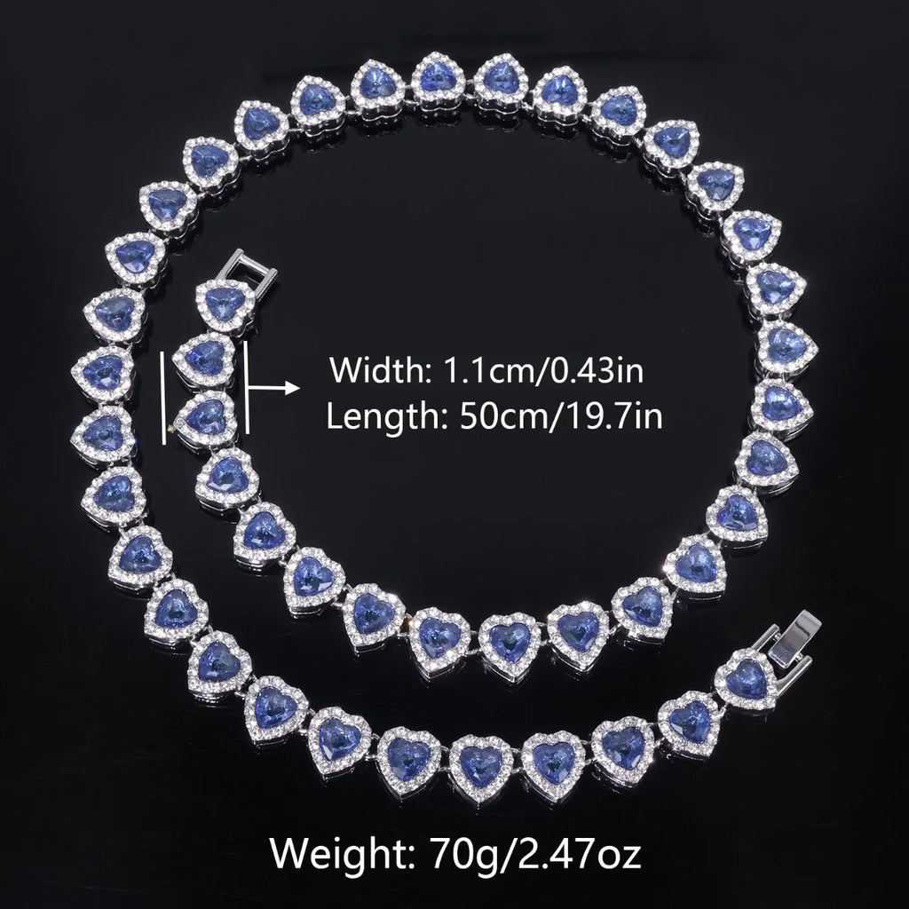 Blue heart rhinestone necklace with measurements