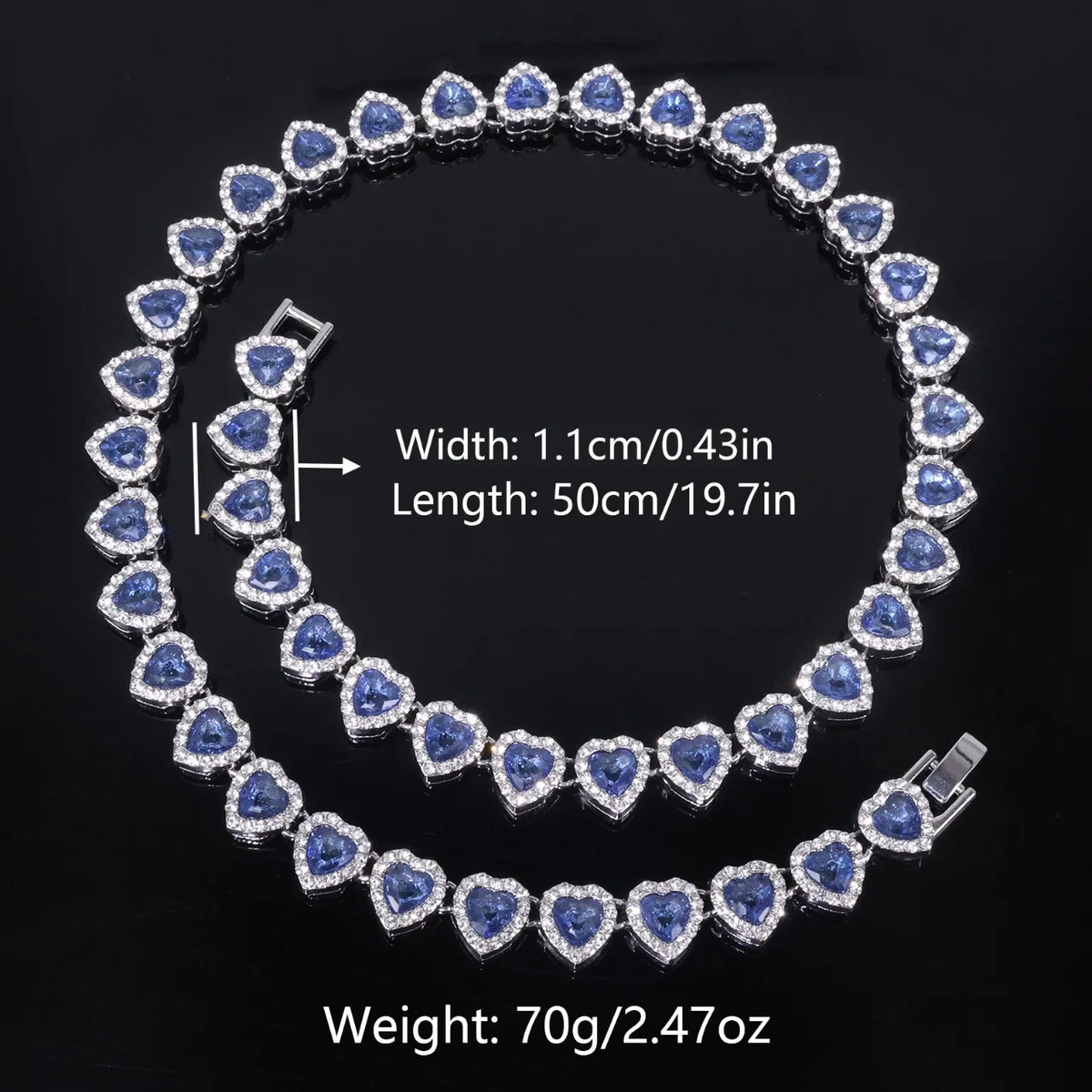 Blue heart rhinestone necklace with measurements