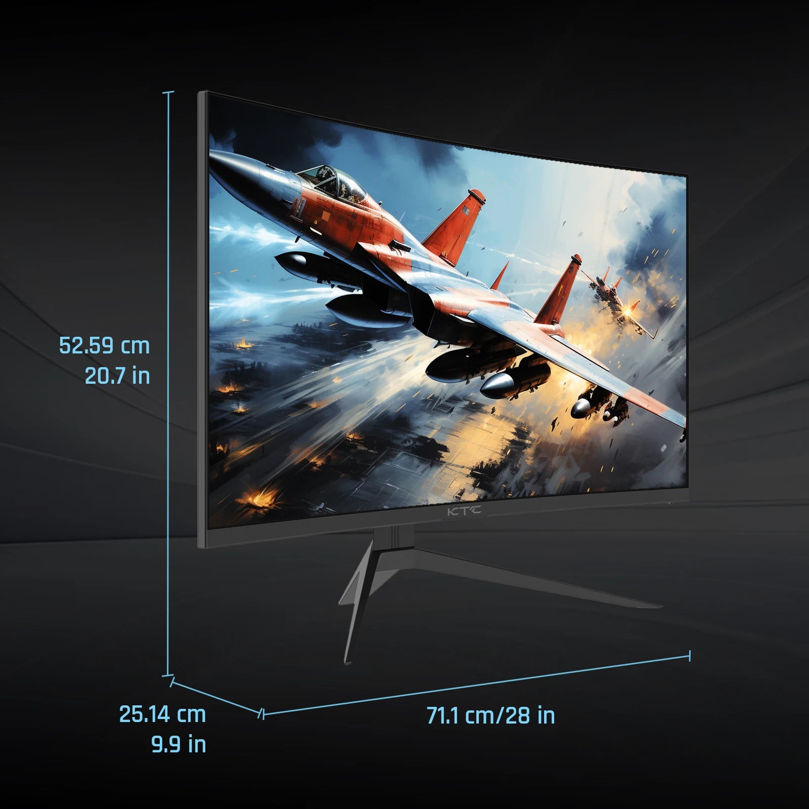 Monitor displaying an airplane graphic with dimensions indicated