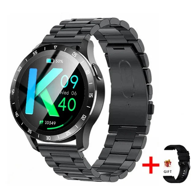 Black smartwatch with digital display on a white background