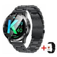 Black smartwatch with digital display on a white background