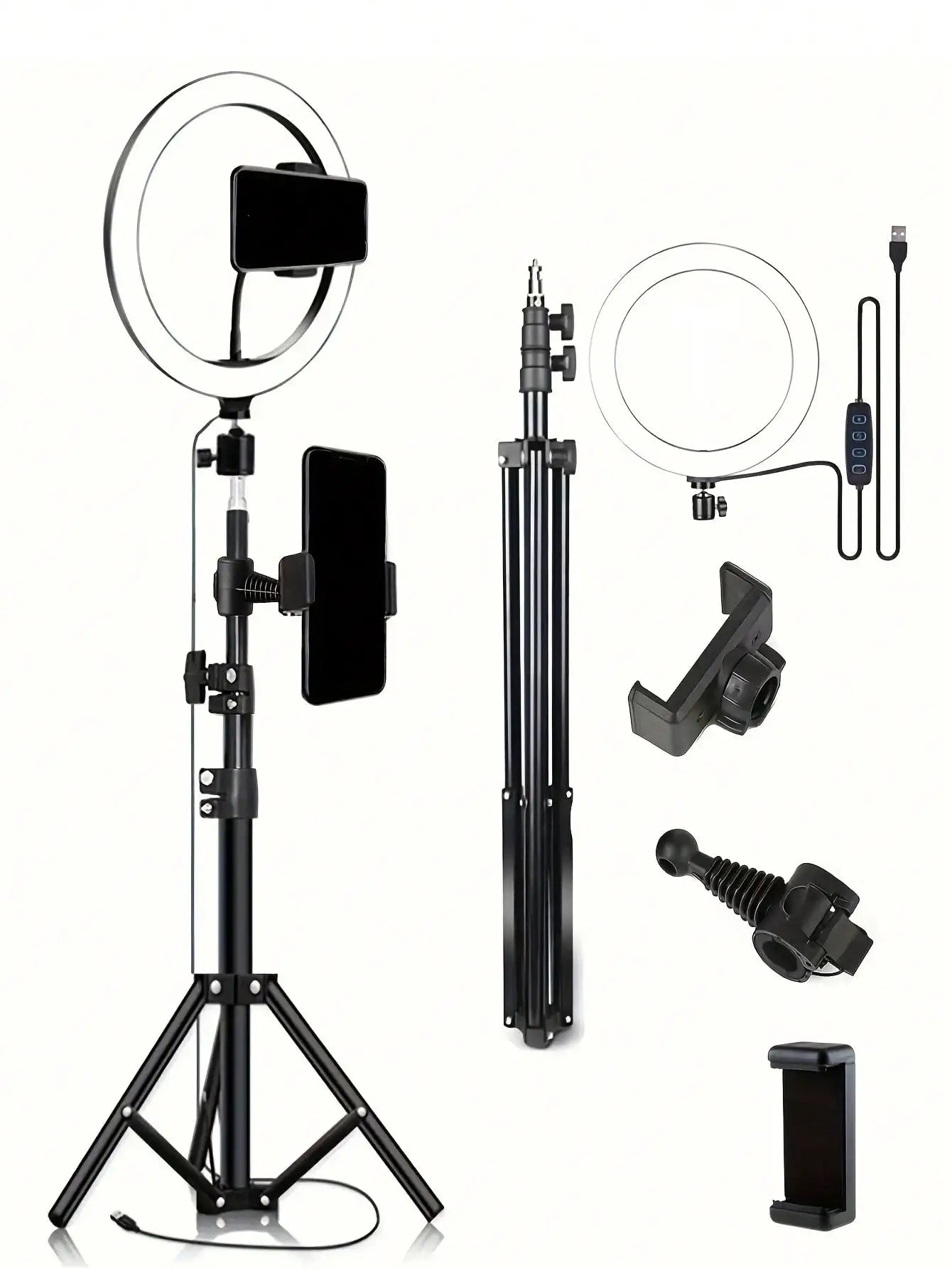 Set of photography and video equipment including ring lights, stands, and phone holders on a white background.