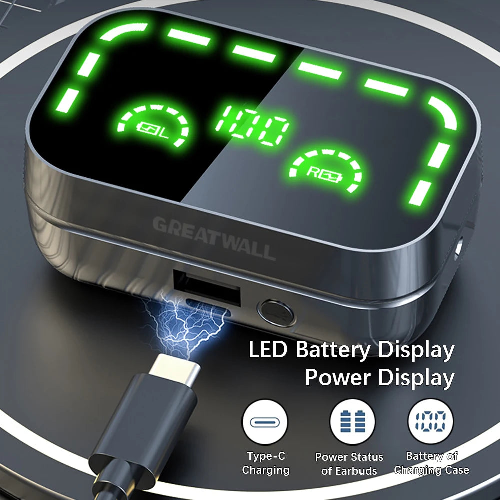 GREATWALL power bank with LED display and charging cable on a dark background