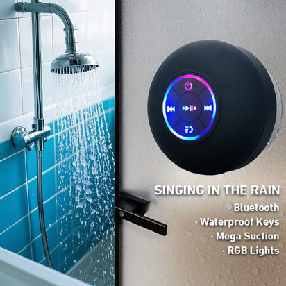 “Waterproof Bluetooth shower speaker attached to wall with LED display and strong suction cup.”