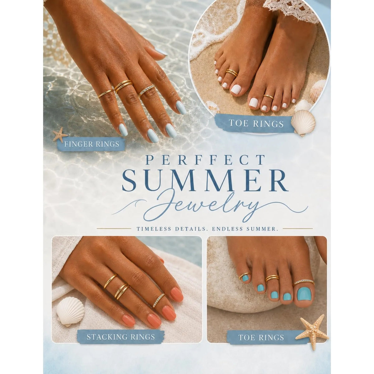 Summer lifestyle graphic:
Gold-plated adjustable toe rings styled for summer with beach-inspired jewelry looks.