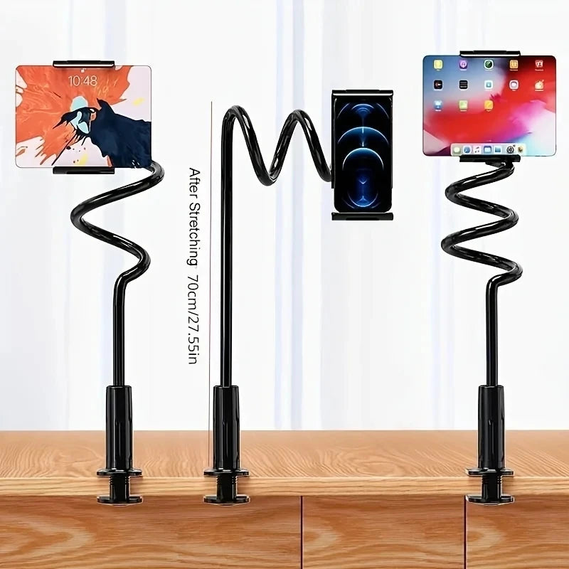 Flexible phone stand stretching from 70cm to 227.5cm on a wooden surface with smartphone and tablet displays.