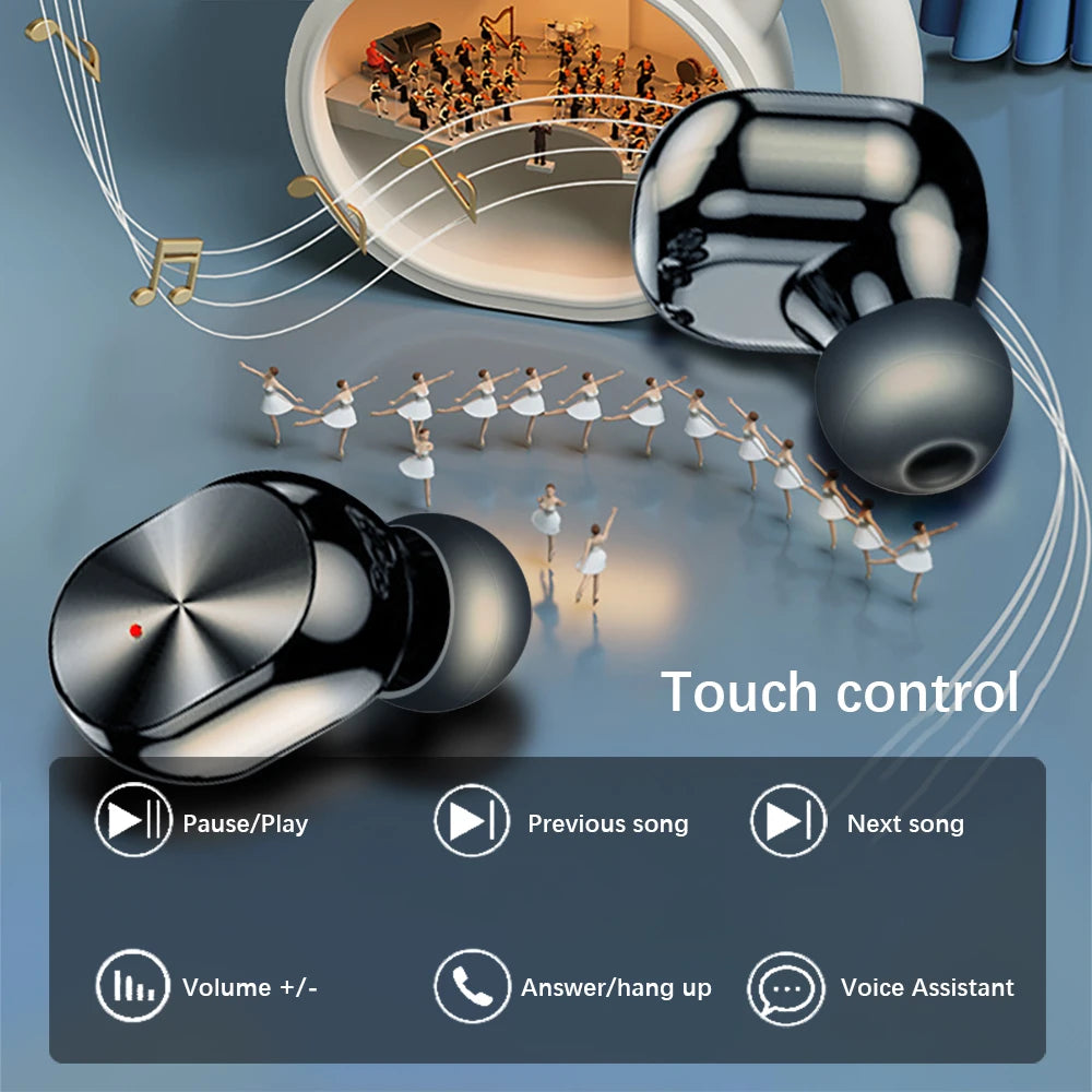 Wireless earbuds with touch control options on a background of dancers and orchestra.