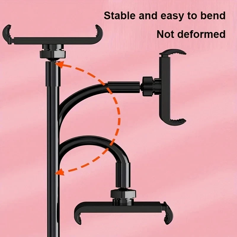 Black metal stand with adjustable arms on a pink background, showing stability and flexibility.