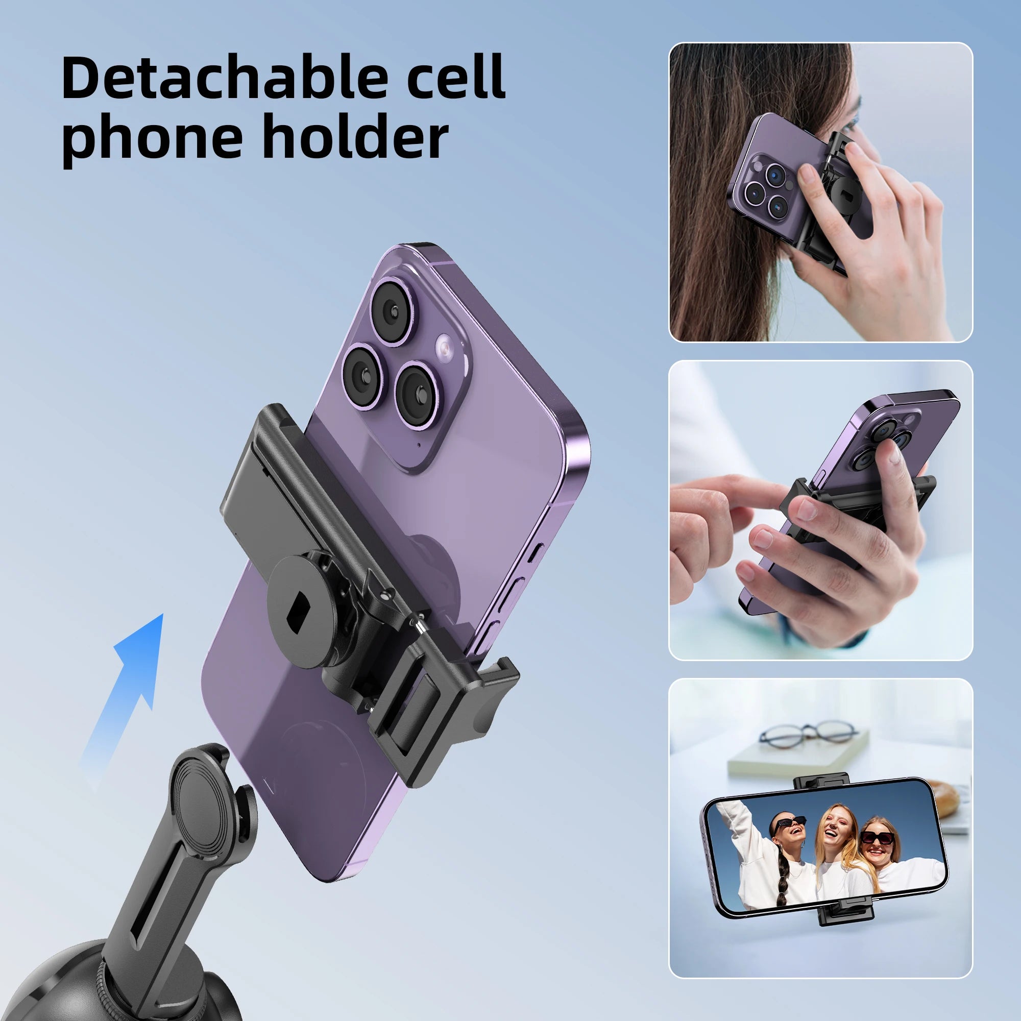 Detachable phone holder with smartphone attachment, showing usage scenarios on a light blue background.