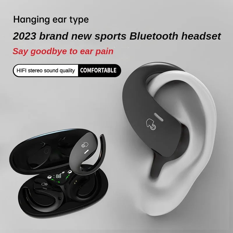 2023 brand new sports Bluetooth headset with charging case on a gray background