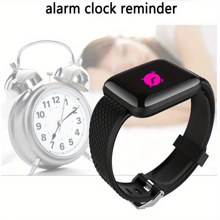 Black smartwatch with digital display next to a white alarm clock, labeled 'alarm clock reminder'.