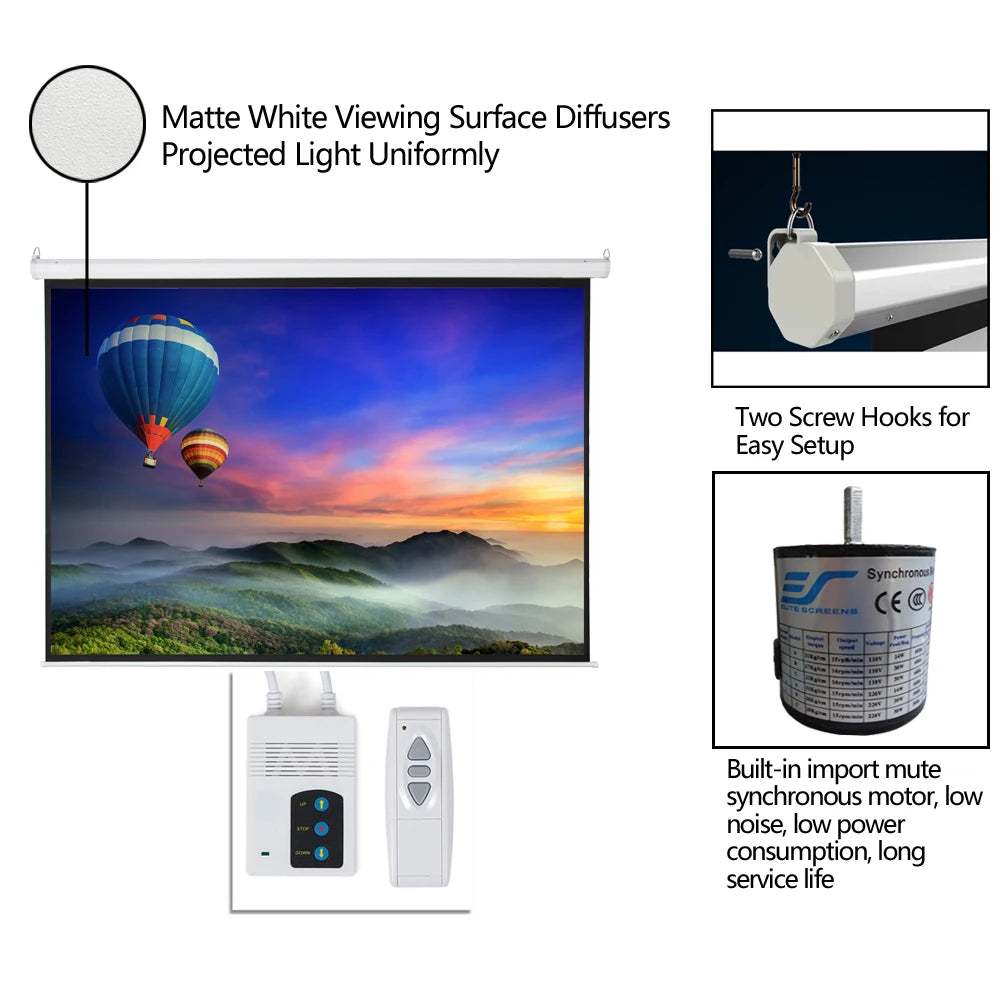 Projector screen with diffusers, screw hooks, and control unit on a white background