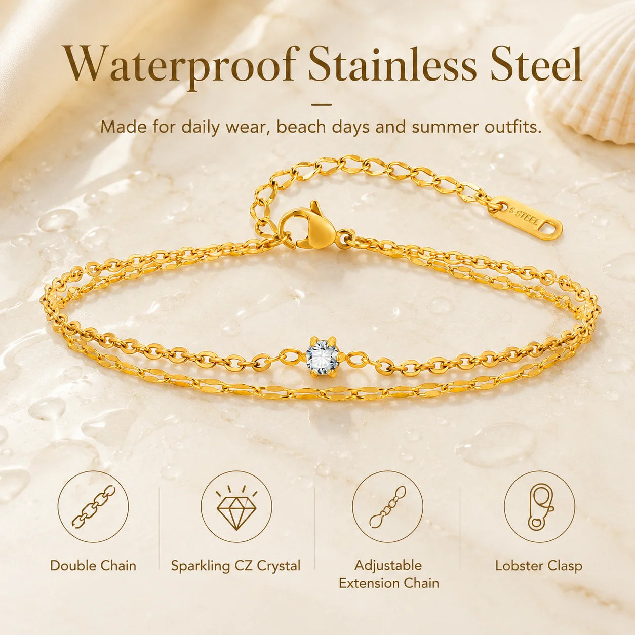Gold bracelet with sparkling CZ crystal on a textured beige background, featuring text about waterproof stainless steel and product features.