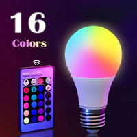 Color-changing LED bulb with remote control displaying 16 color options on a dark background.