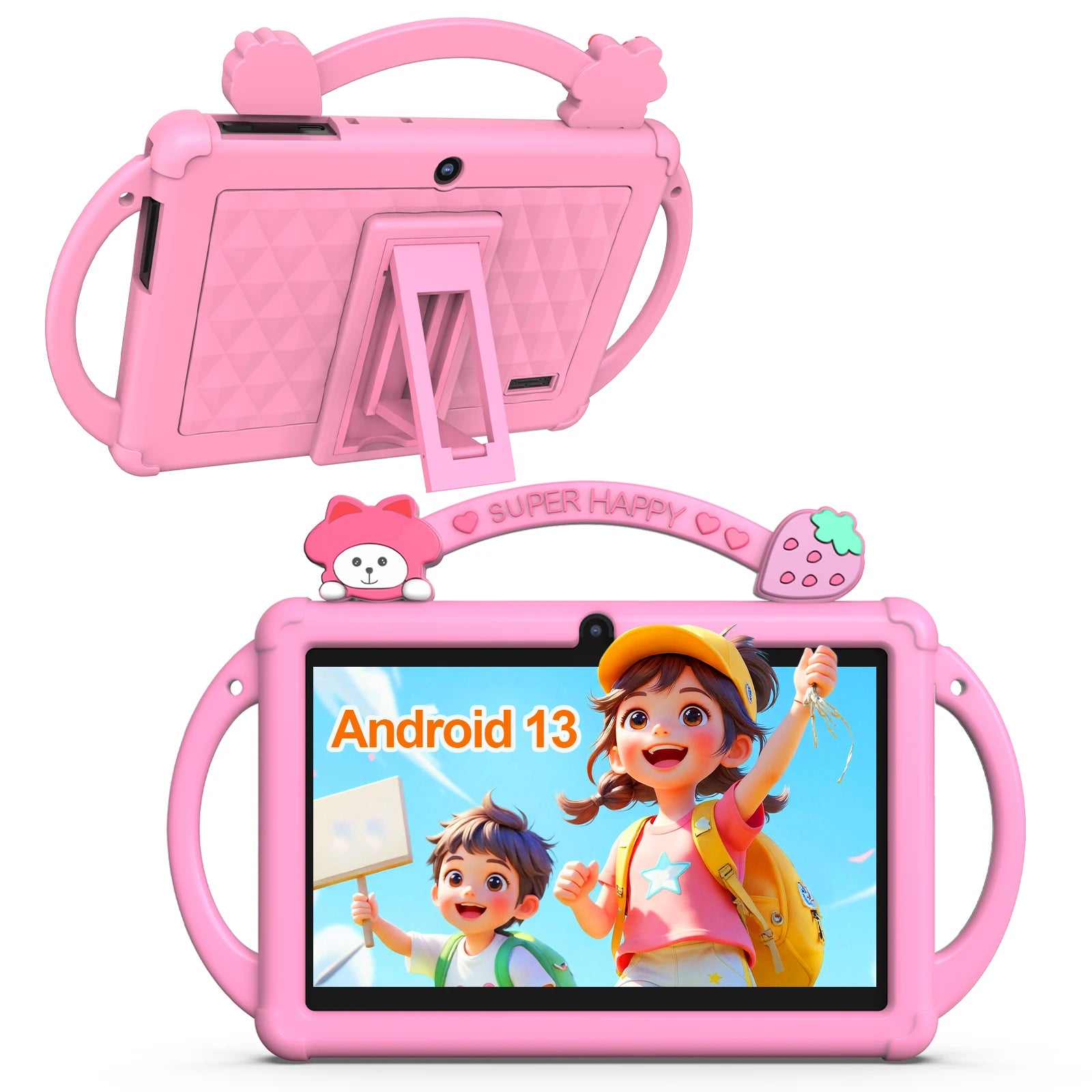 Pink children's tablet with a colorful display and protective case on a white background