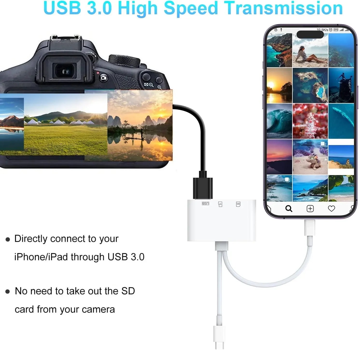 Portable plug-and-play card reader for photographers and content creators.