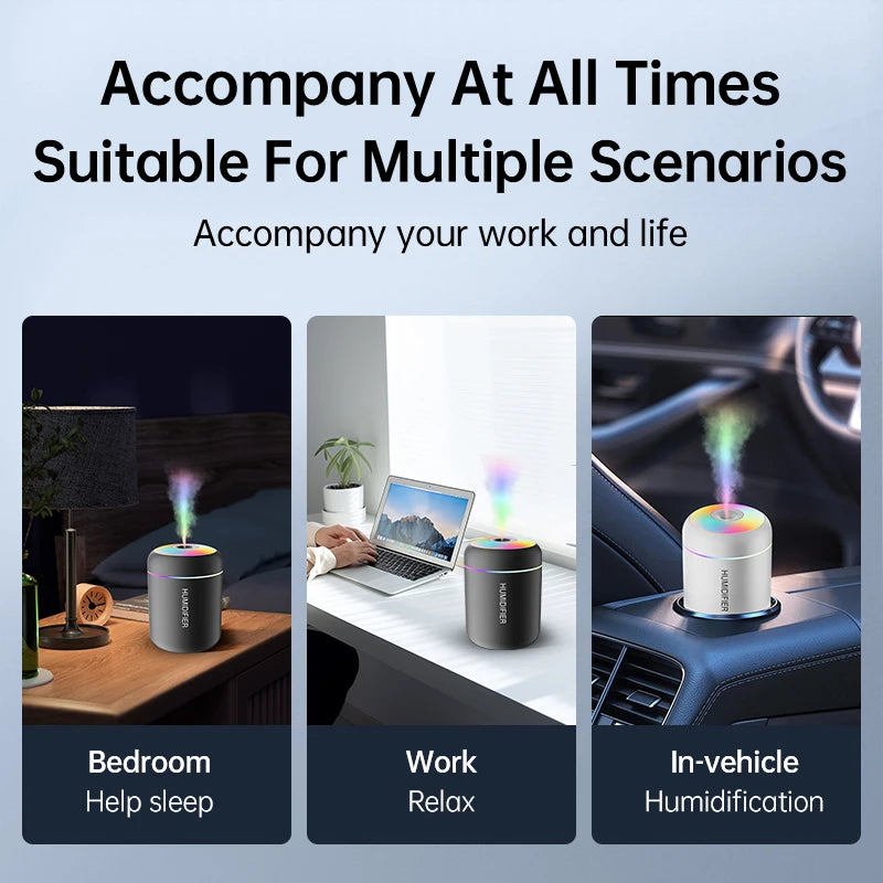 Product usage scenarios in bedroom, work, and in-vehicle settings with text 'Accompany At All Times Suitable For Multiple Scenarios'.