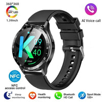 Black smartwatch with features highlighted on a white background