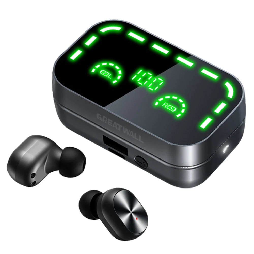 Black wireless earbuds with charging case displaying green LED lights on a white background