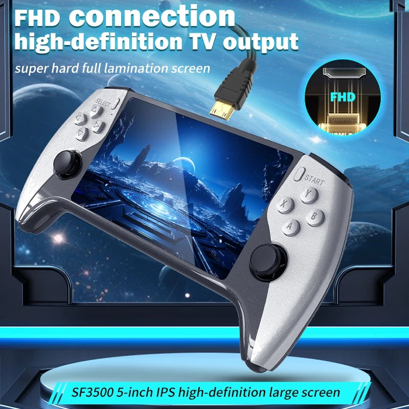 Game controller with FHD connection and high-definition TV output on a futuristic background