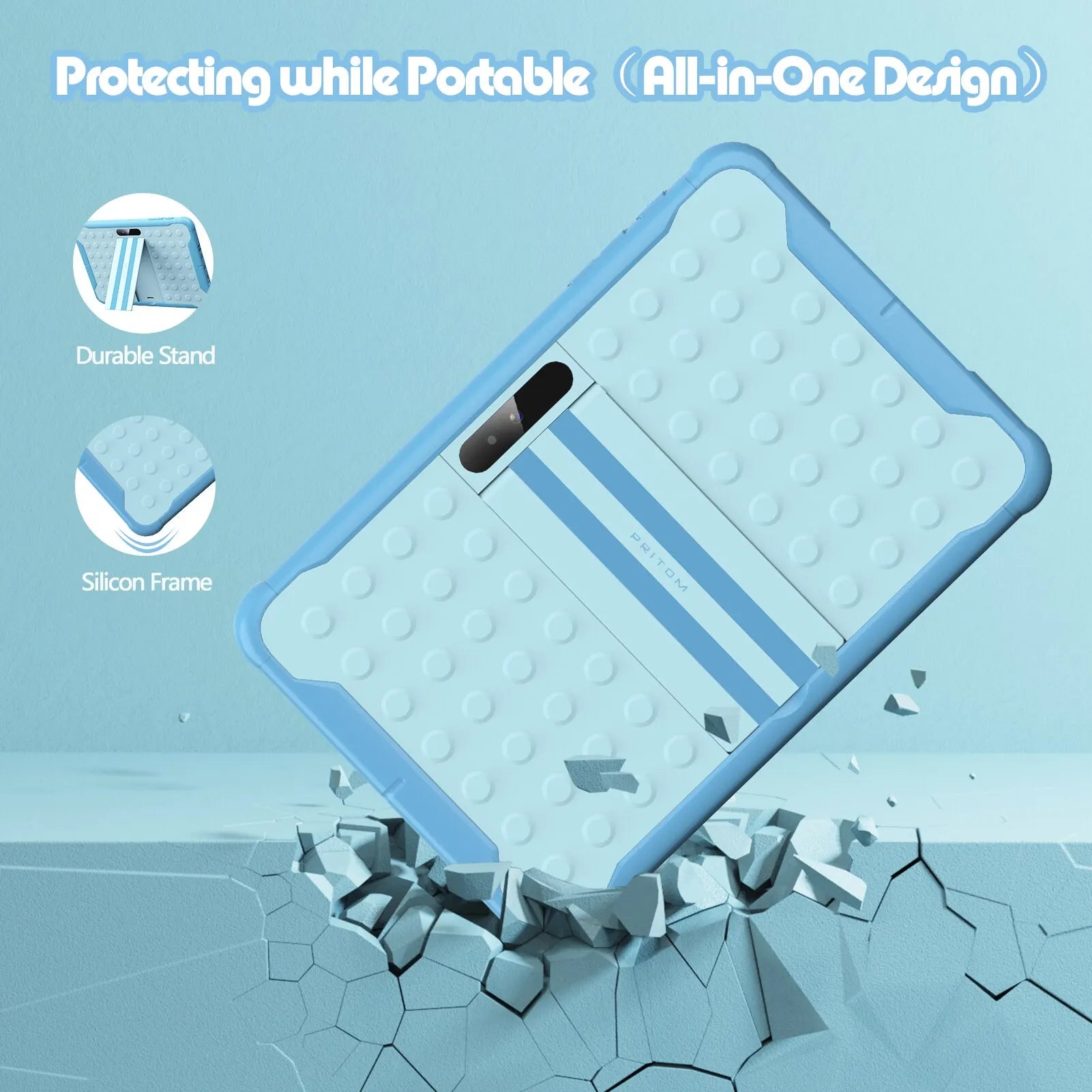 “Blue shockproof kids tablet all-in-one design."