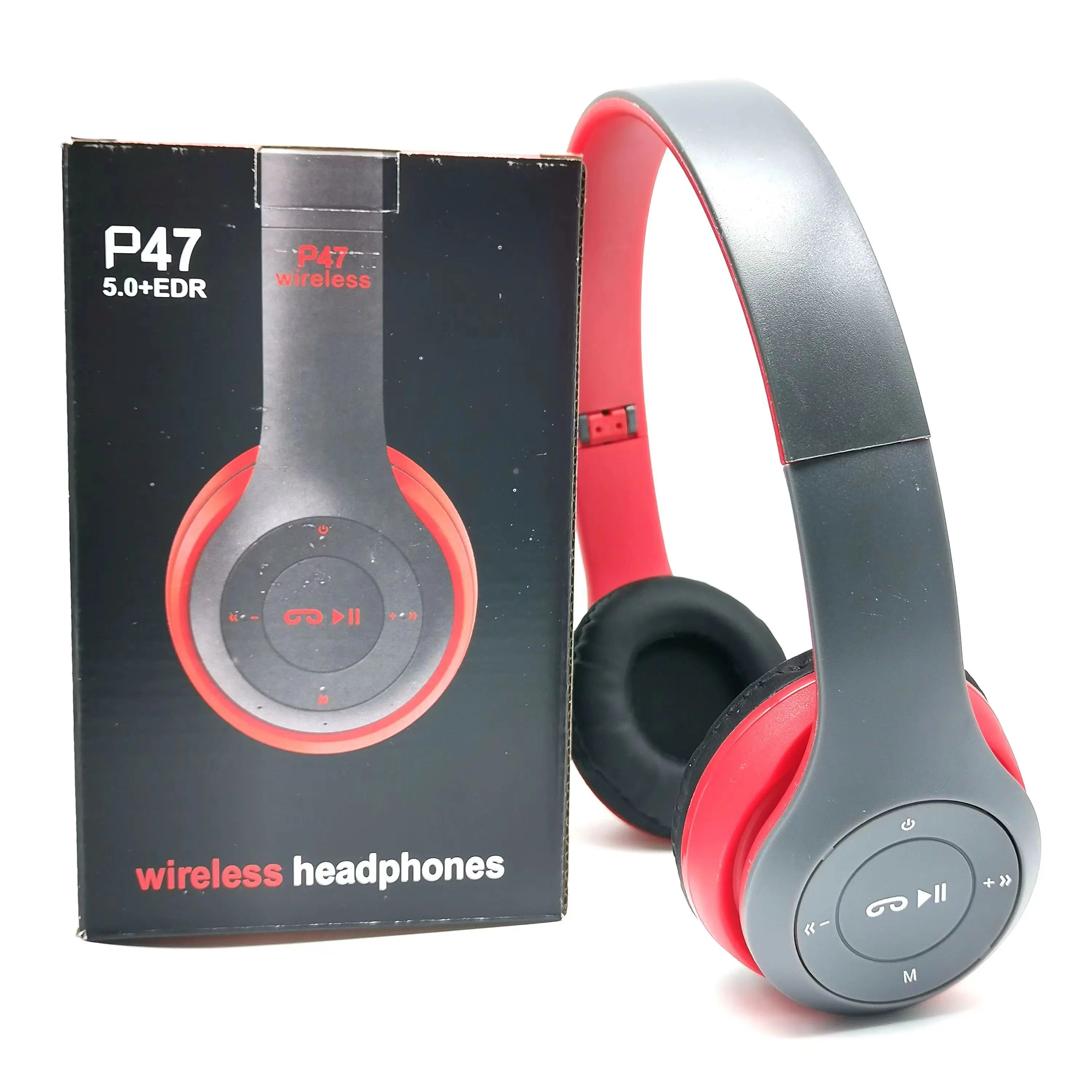 Red and gray wireless headphones with P47 branding on a white background