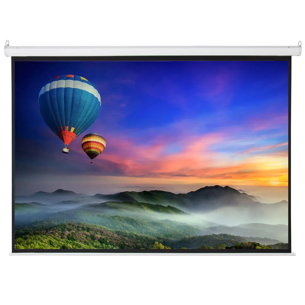 Projector screen displaying a scenic view with hot air balloons and mountains.
