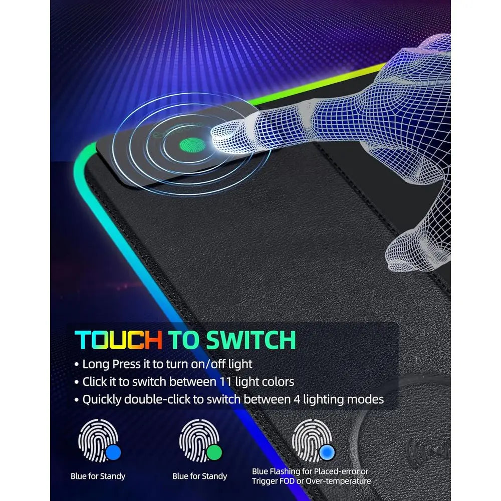 Gaming mouse pad with touch-sensitive surface and light-up text on a dark background