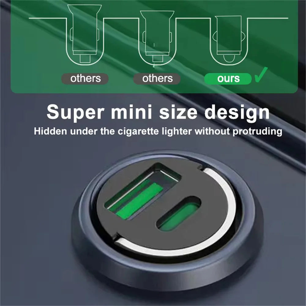 Car charger with USB ports on a dark background, labeled 'ours' as superior to 'others'.