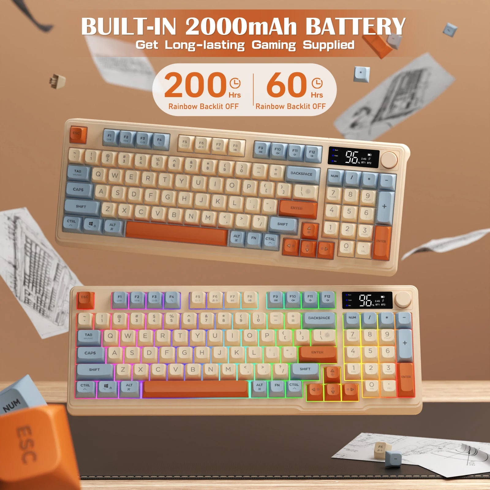 Colorful keyboard with built-in 2000mAh battery on a brown background