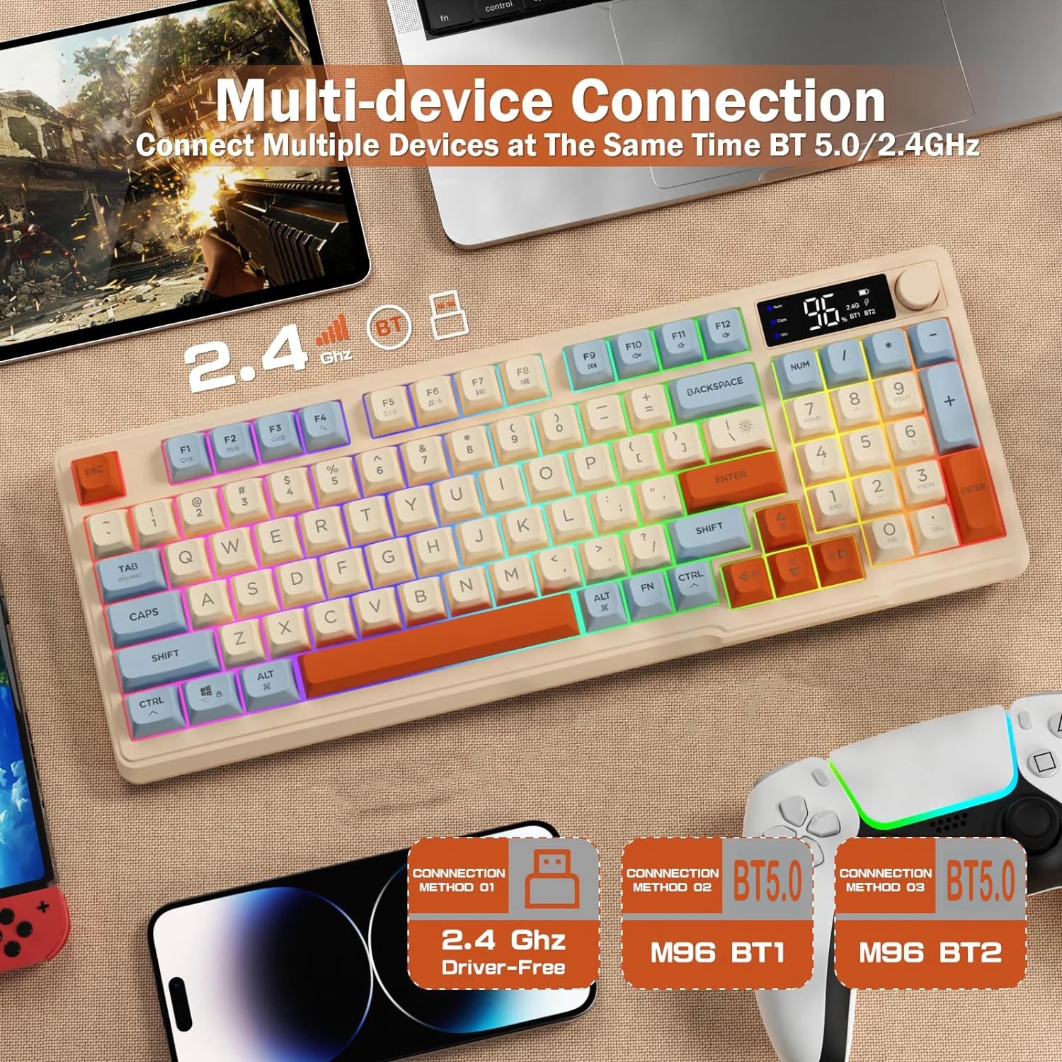Colorful keyboard with multiple device connection features on a desk.