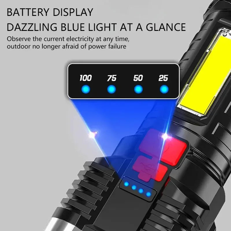 Black flashlight with battery display and dazzling blue light feature on a gray background